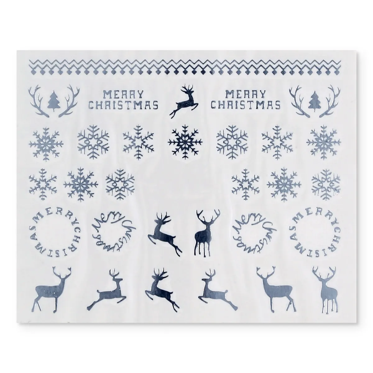 Water Decal, sølv rensdyr, "merry christmas" skrift og snekrystaller