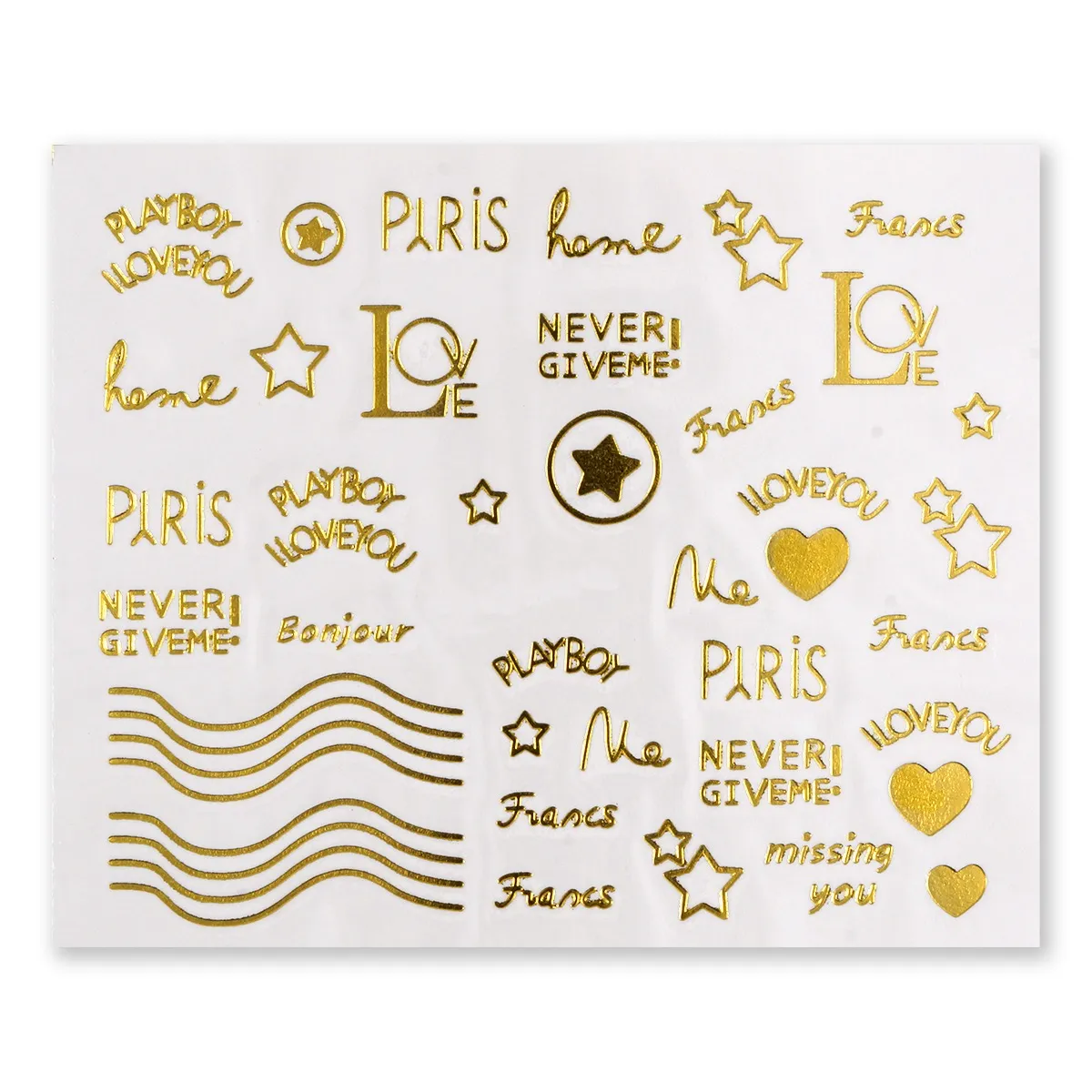 Water Decal, ord og stjerner i guld